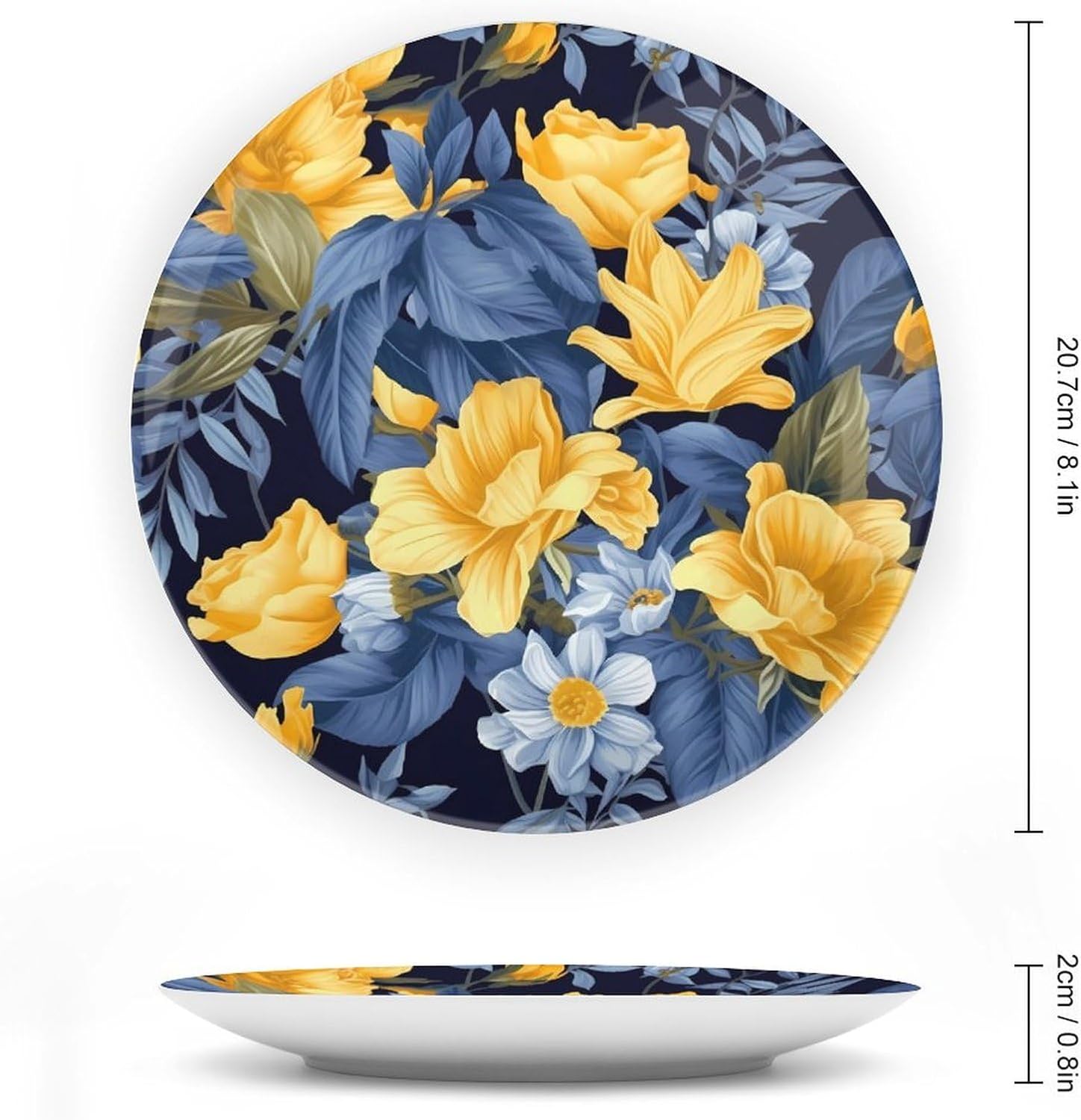 Blue Base Yellow Floral Ceramic Decorative Plate Bone China Decorative Plates with Display Stand Dinner Plates Art Crafts Ceramic Ornaments for Wall Hanging Decoration