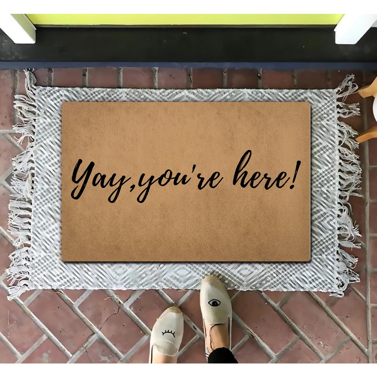 Funny Welcome Doormat 'Yay, You're Here' (23.6 X 15.7 in) Monogram Kitchen Rug With Anti-Slip Rubber Back - House Warming Gift for Entrance Way Indoor Front Door Decor Porch