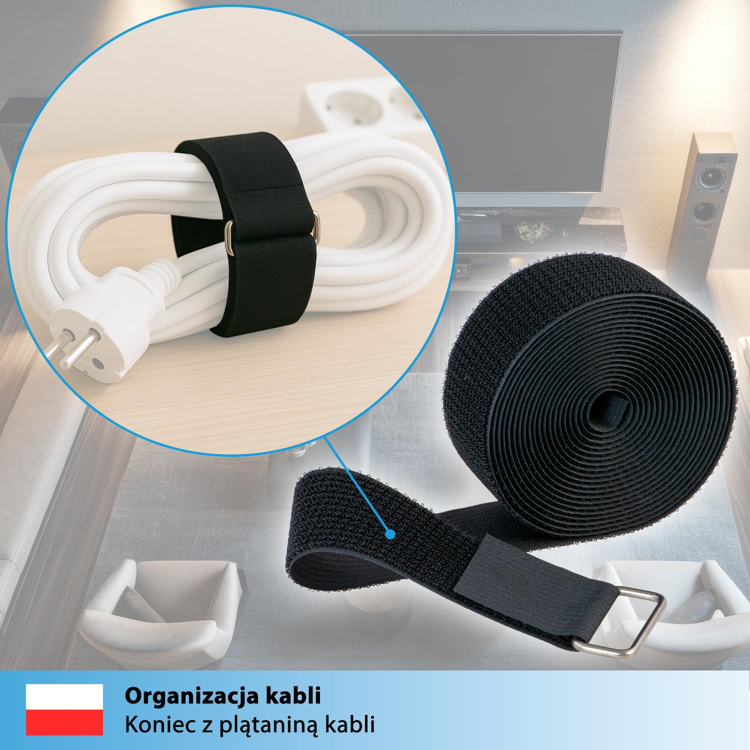 valonic SPARROW – mocna taśma rzepowa, 5 m, 50 mm, w zestawie 10 metalowych pierścieni, czarna, do porządkowania kabli, zapięcie rzepowe