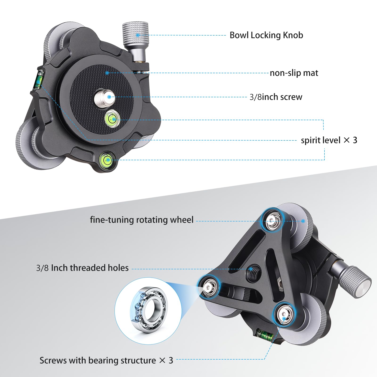 Base de nivellement pour trépied ARTCISE Diamètre∅70mm, tête de nivellement avec Inclinaison -15°/15°, avec 3 Niveaux à Bulle et 3 Roues -5°/5° pour réglage de précision, Charge maximale 10KG