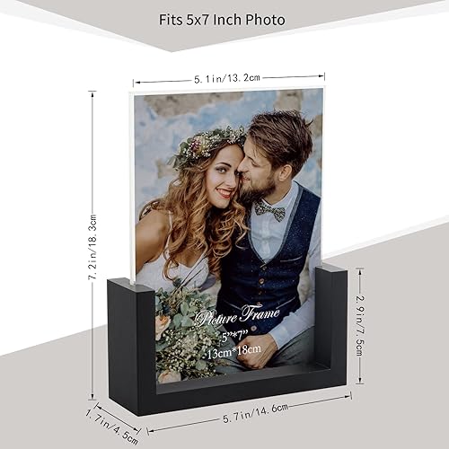 Miniatura 2 de PETAFLOP Juego de 2 portarretratos de 5 x 7 pulgadas, marcos de fotos de madera rústica color negro de 5 x 7 pulgadas con vidrio HD, en forma de U,