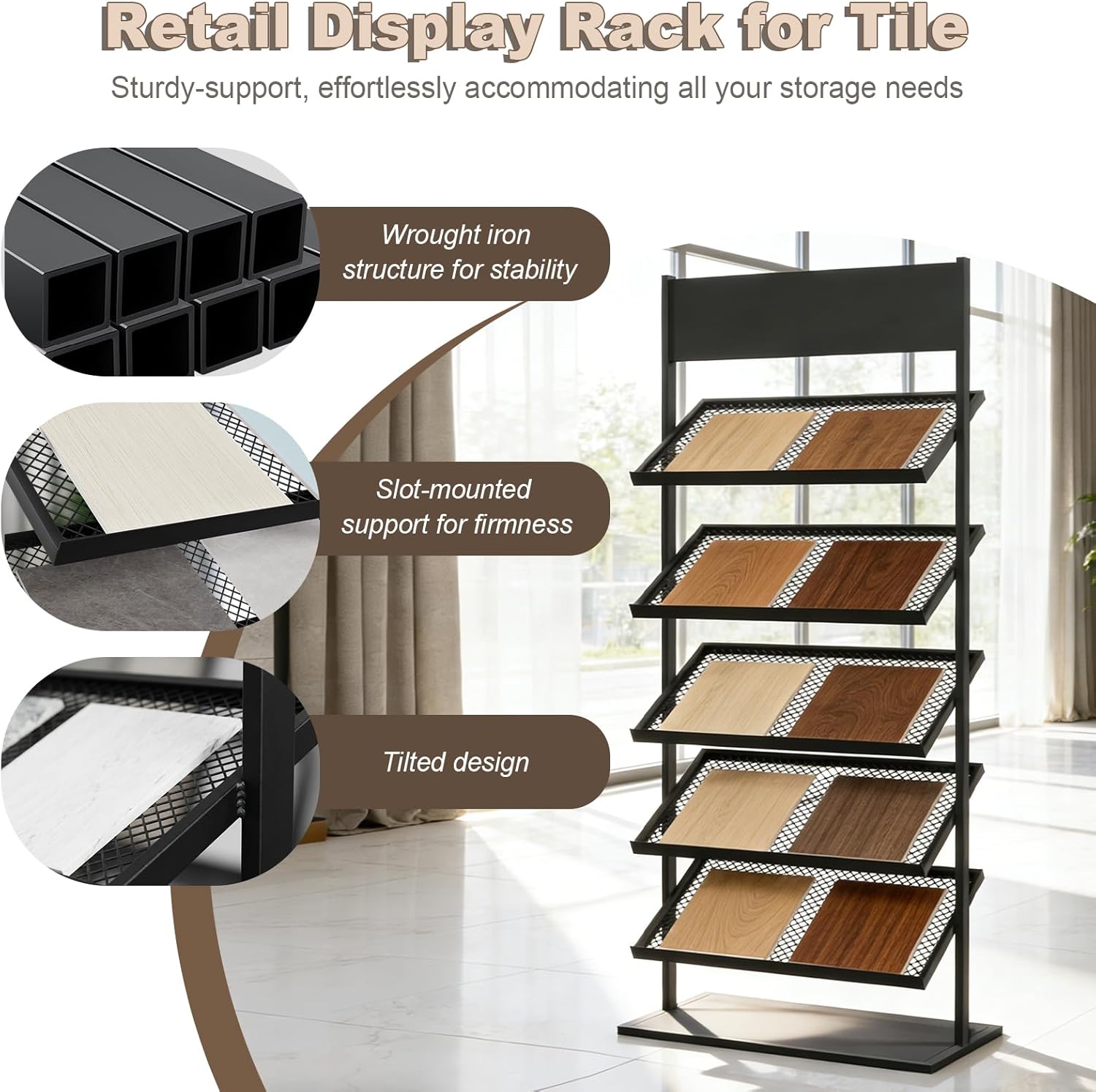 5-tier Floor Tile Display Stand, Retail Display Rack for Tile, Building Material Swatch Sample Storage Holder for Exhibition Hall Trade Show Vendor Events(Black, Height-59in)