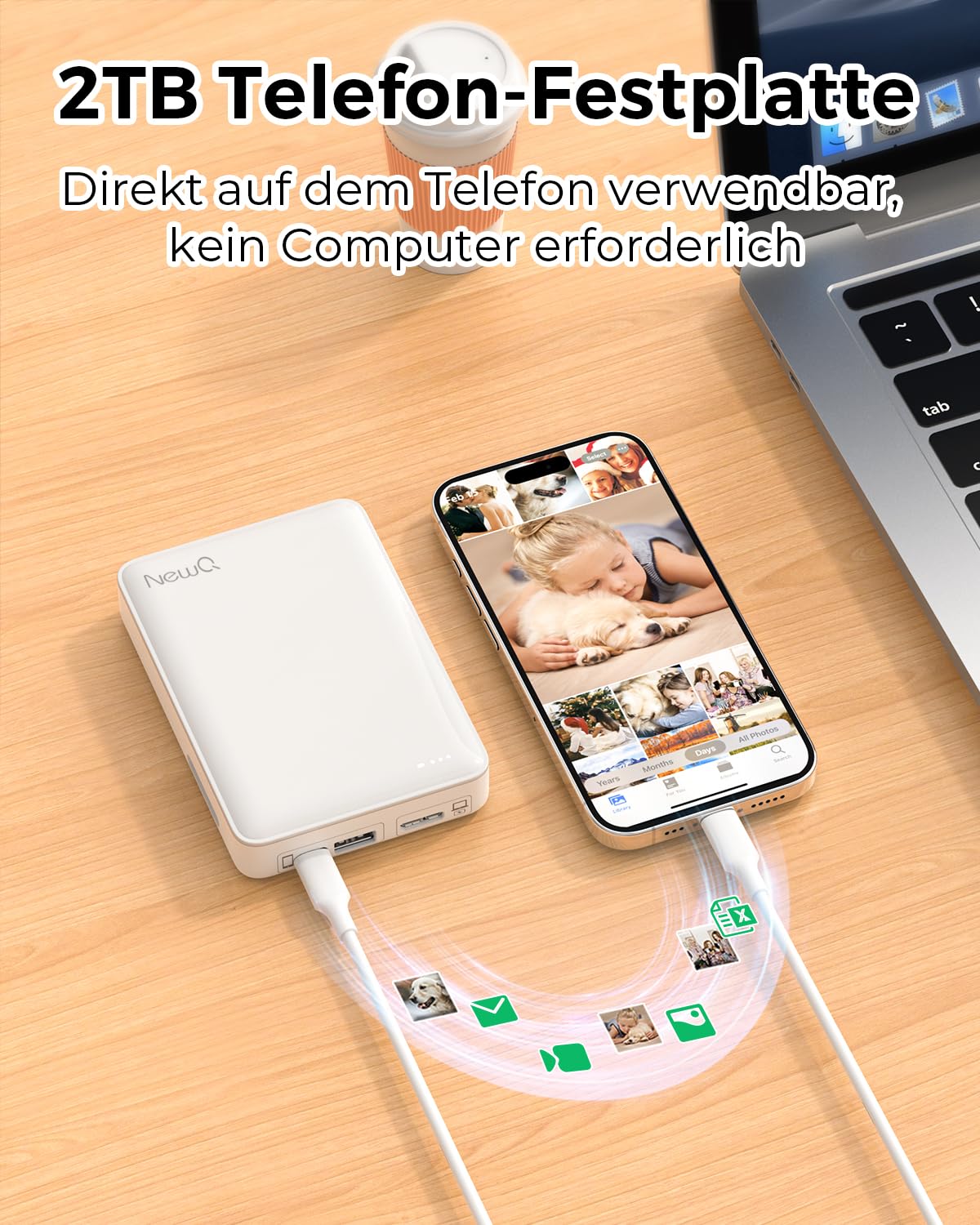 NEWQ Festplatte für Telefon und Computer: USB-Flash-Speichergerät, Foto-Speicherstick für iPhone, für MacBook, kompatibel mit Apple iOS und Android, Handy-Backup, Bilder, Videos usw. (2 TB)
