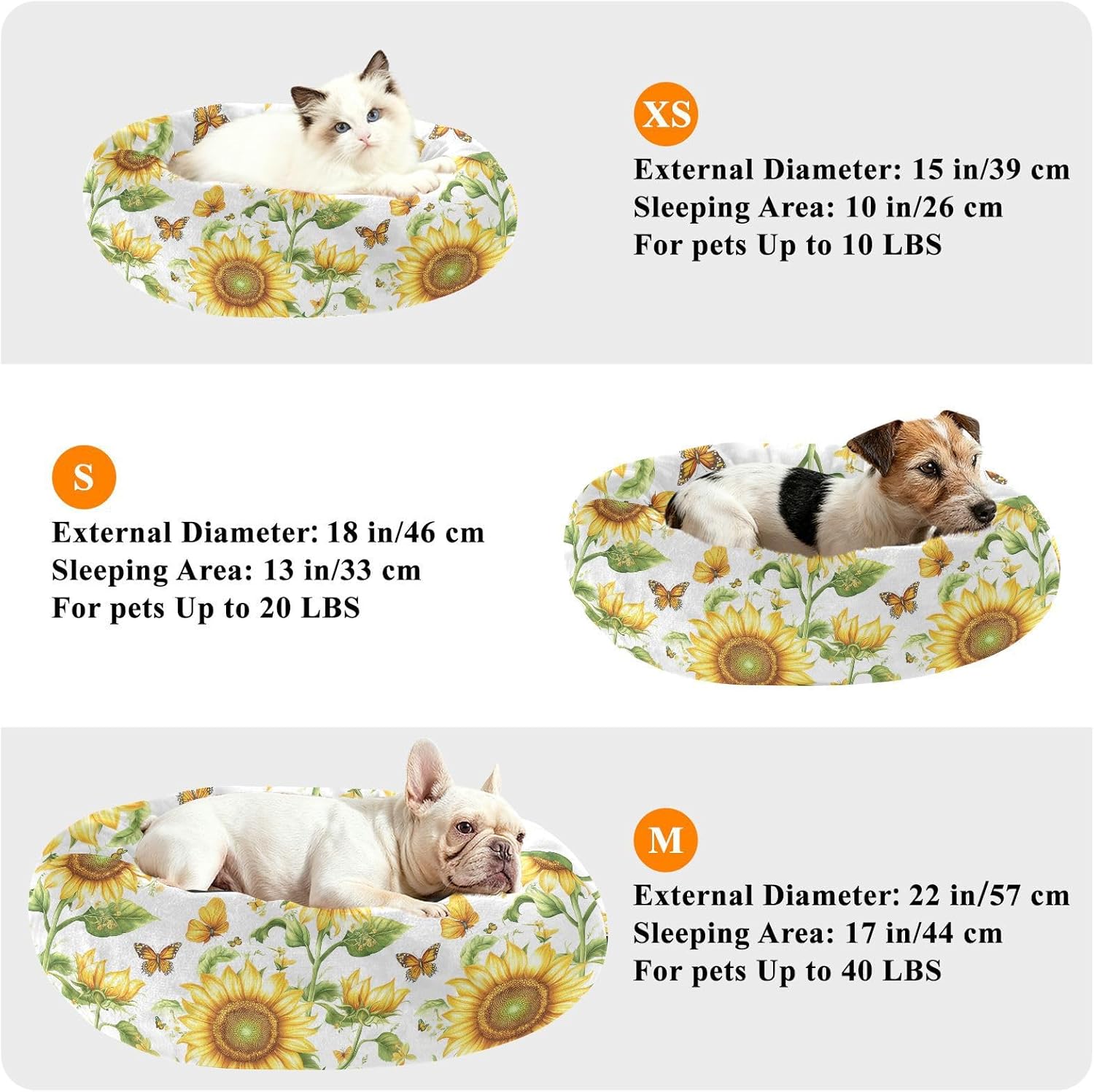 Pet Dog Bed Removable & Washable Fluffy Dog Pillow Bed for Medium Size Pets Sleeping M Cute Sunflower White