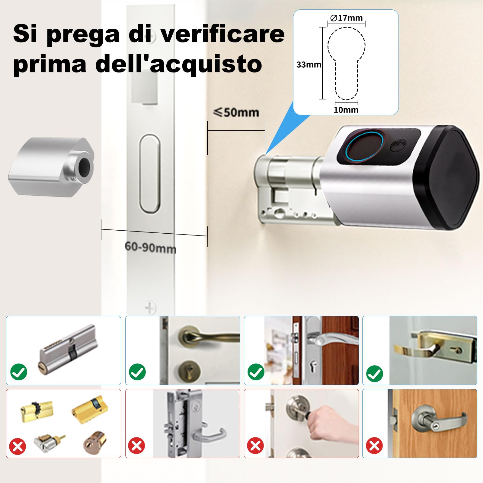 Serratura smart, serratura elettrica porta blindata con impronta digitale, lunghezza regolabile serratura elettrica con scheda RFID, app, WiFi, Bluetooth, 60–90 mm, accessori di prolunga, argento