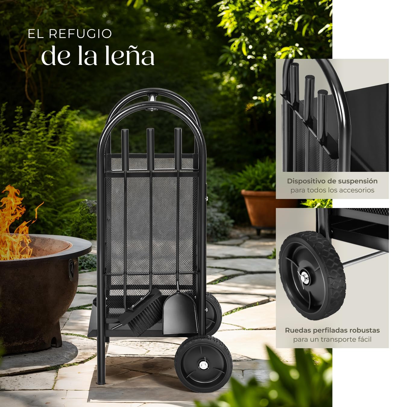 tectake® Leñero Exterior e Interior, Carro con Ruedas, Estructura de Acero Perforado, Almacenamiento Exterior Práctico, con Herramientas Chimenea, Carretilla, Leña para Chimenea - 42,5 x 38 x 80,5 cm