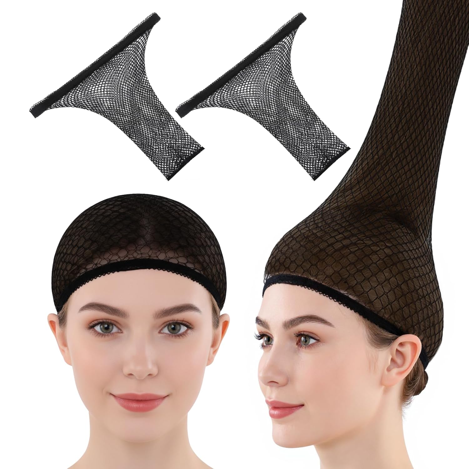 Xyembu 2 Pack Extra Long Black Wig Caps for Women - Non-Slip Open End Nylon Mesh Nets for Long Thick Hair, Cosplay Halloween