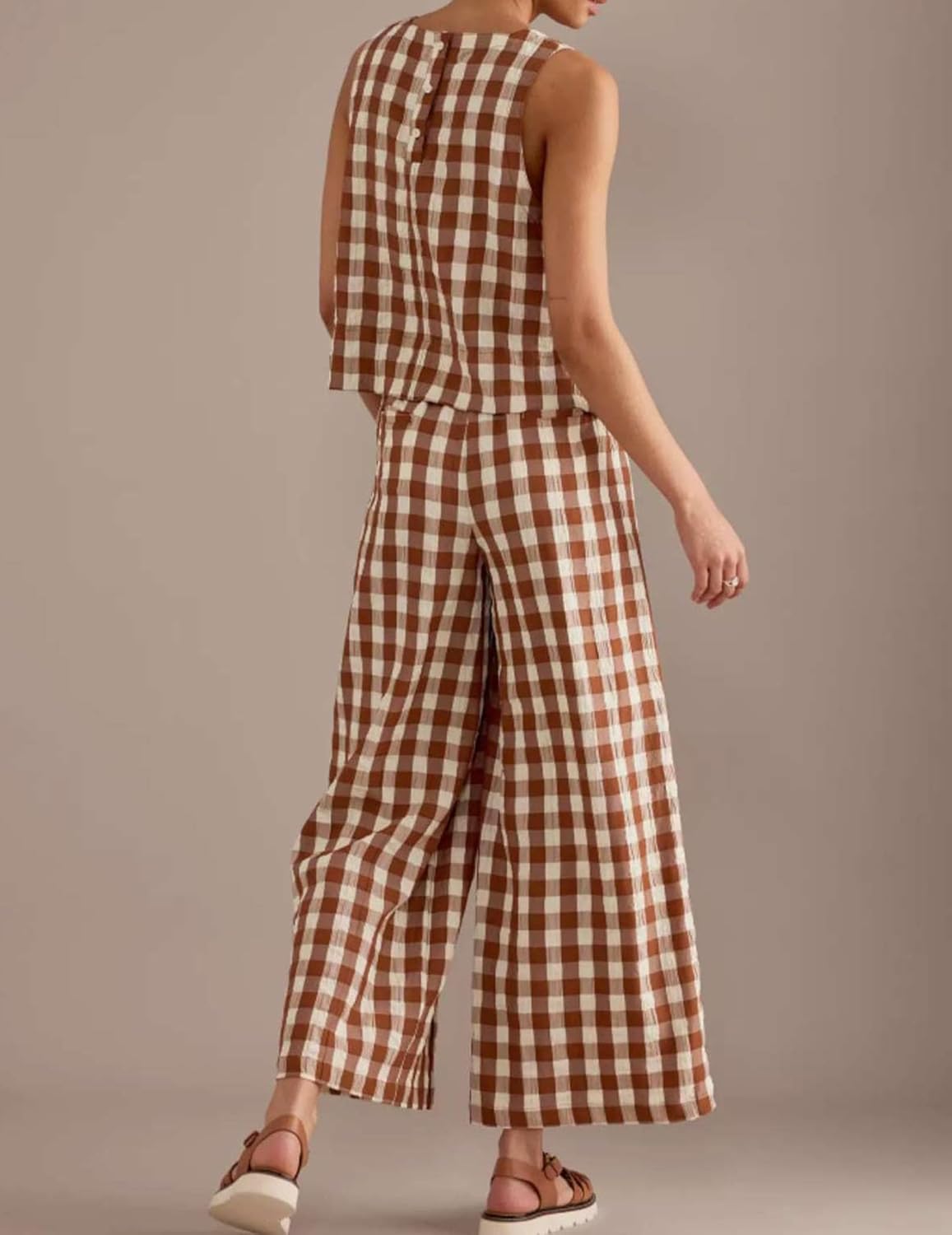 Womens 2 Piece Outfits Gingham Set Summer Cotton Plaid Pajamas Y2k Sleeveless Top Summer Wide Leg Pants Matching - Image 4