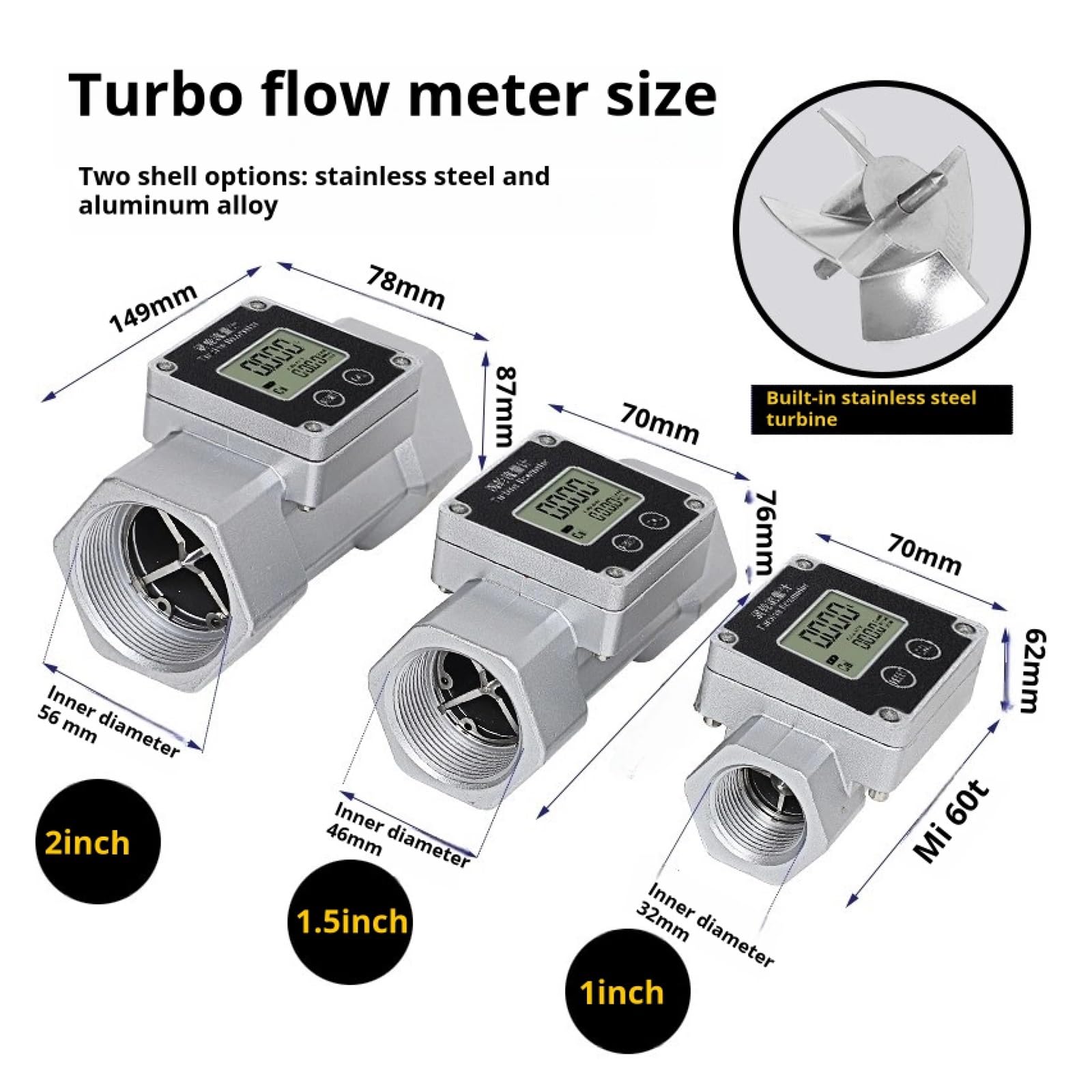 Caudalímetro, Medidor de flujo turbina digital acero inoxidable 1,5 2 pulgadas, medidor agua y urea electrónico con pantalla LCD totalizador(2 inch Al Alloy)
