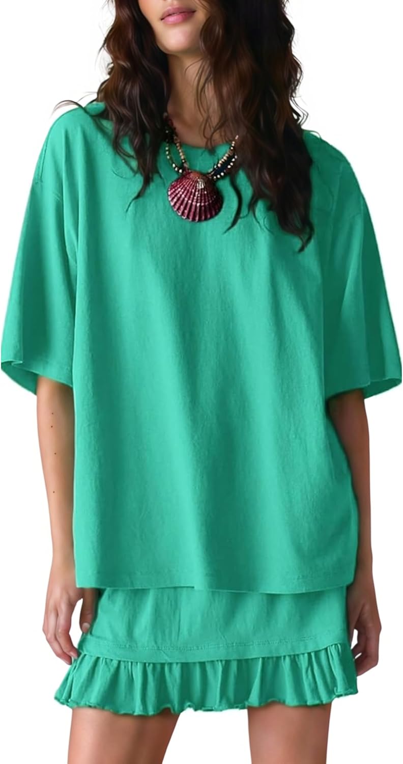 Esmeling Women Summer 2 Piece Skirt Sets Round Neck Short Sleeve Outfits Casual Tops and Pleated Skirts Sets