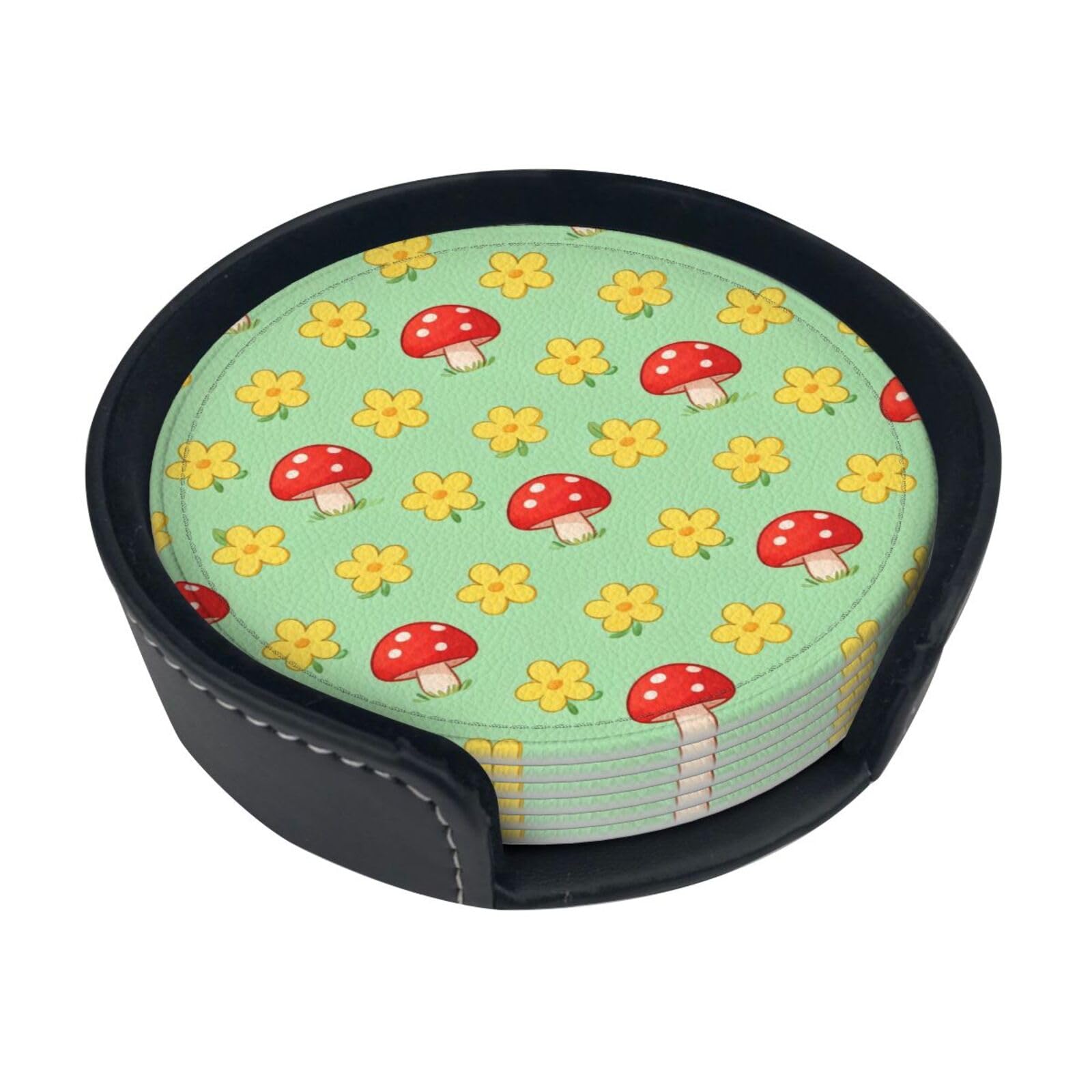 Cntdbu White Mushroom Flower Seamless Leather Coasters Set Of 6-Pu Leather Drink Mats For Table, Heat Resistant Round Coasters With Holder