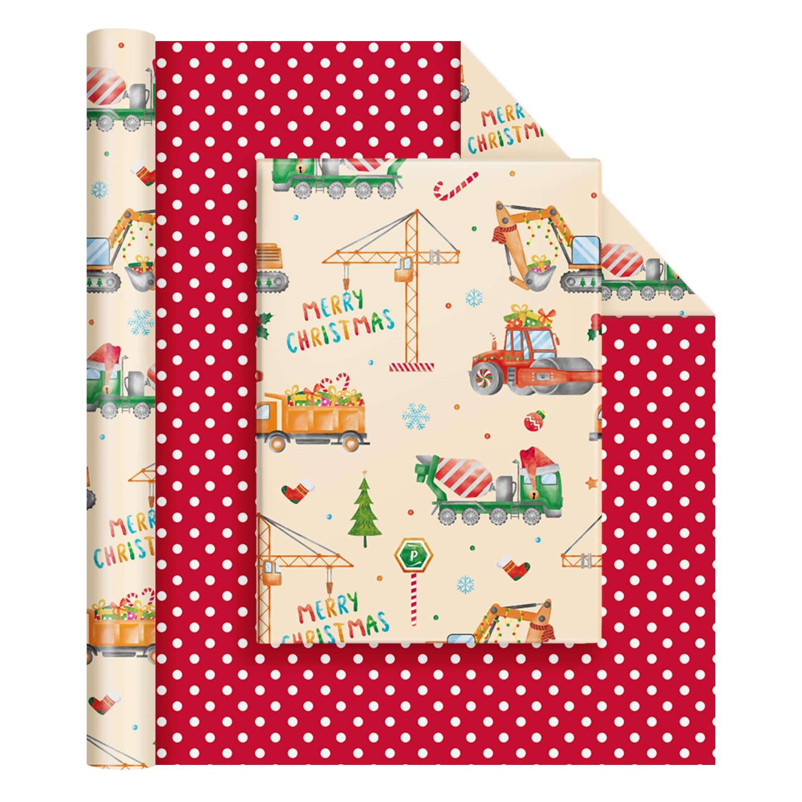 WERNNSAI Construction Christmas Wrapping Paper Roll - 1 Roll 43cm x 10m Merry Christmas Wrapping Paper Truck Gift Wrap for Kids Boys Holiday Decoration with Santa Hats Tree Design — image 1
