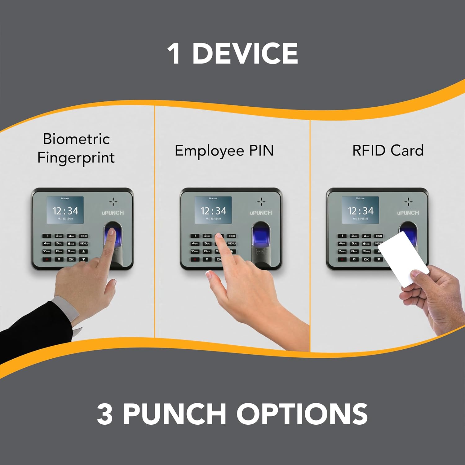 Three punch options: fingerprint, PIN, and RFID card