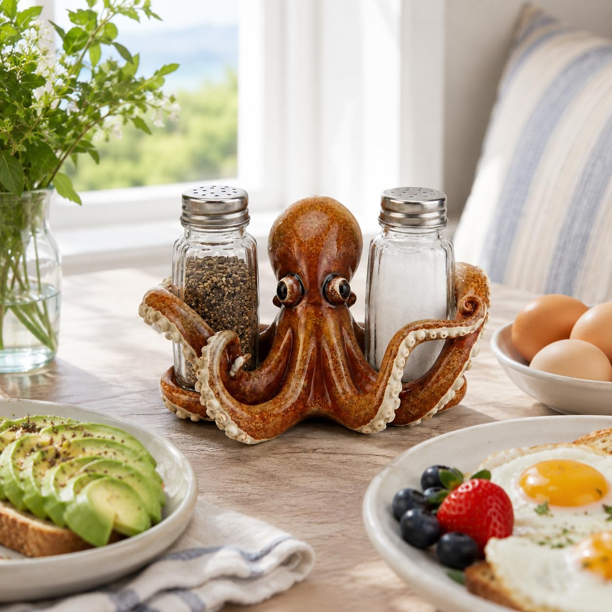 Comfy Hour Decorative Octopus Salt and Pepper Shaker Duo, Artisan Crafted Coastal Sea Life Figurine Holder for Kitchen Tabletop, Includes 2-Count Glass Bottles, 6.1"L x 4.3"W x 3.5"H, Brown Resin