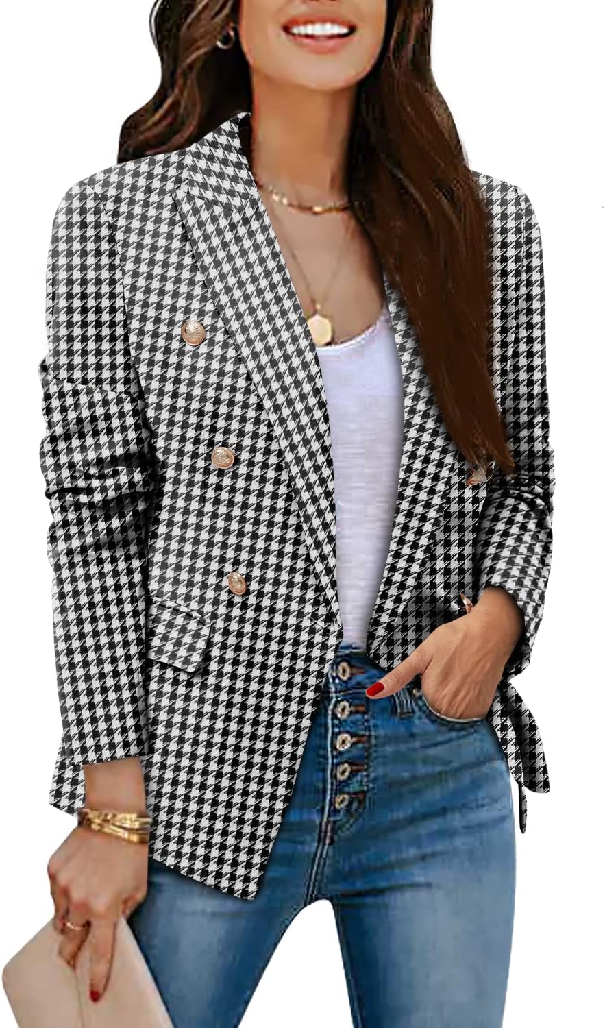 CRAZY GRID Womens Casual Blazer Jacket Gold Button Long Sleeve Work 0ffice Blazer Lapel Open Front Jacket - Image 2