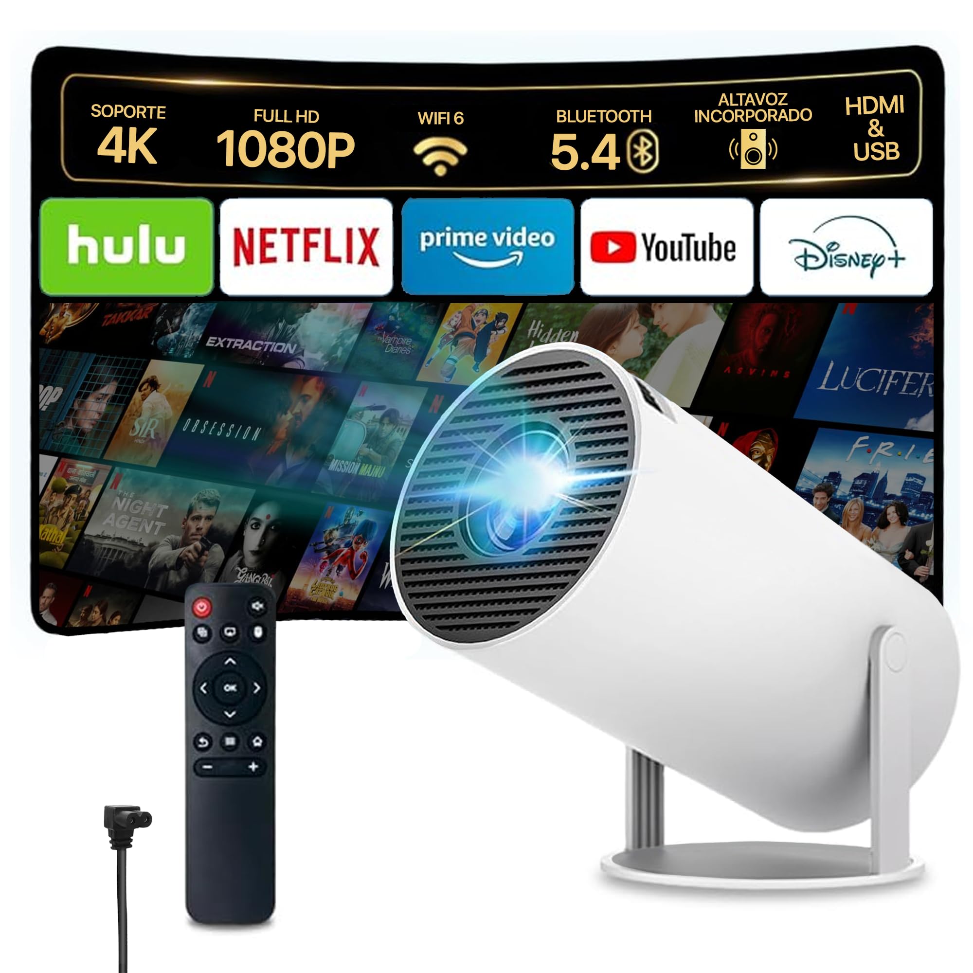 Proyector Portátil 4k WiFi, Bluetooth [Apps Integradas] Sistema Android 2026 Upgraded Mini Proyector de vídeo con Altavoz Integrado, Rotación 180° proyector Cine FullHD Compatible HDMI/portátil/móvil.