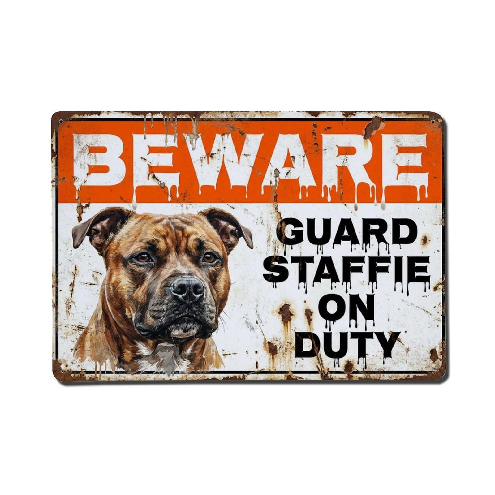 Vintage Funny Staffordshire Guard Beware of Dog Stoop Metal Tin Sign