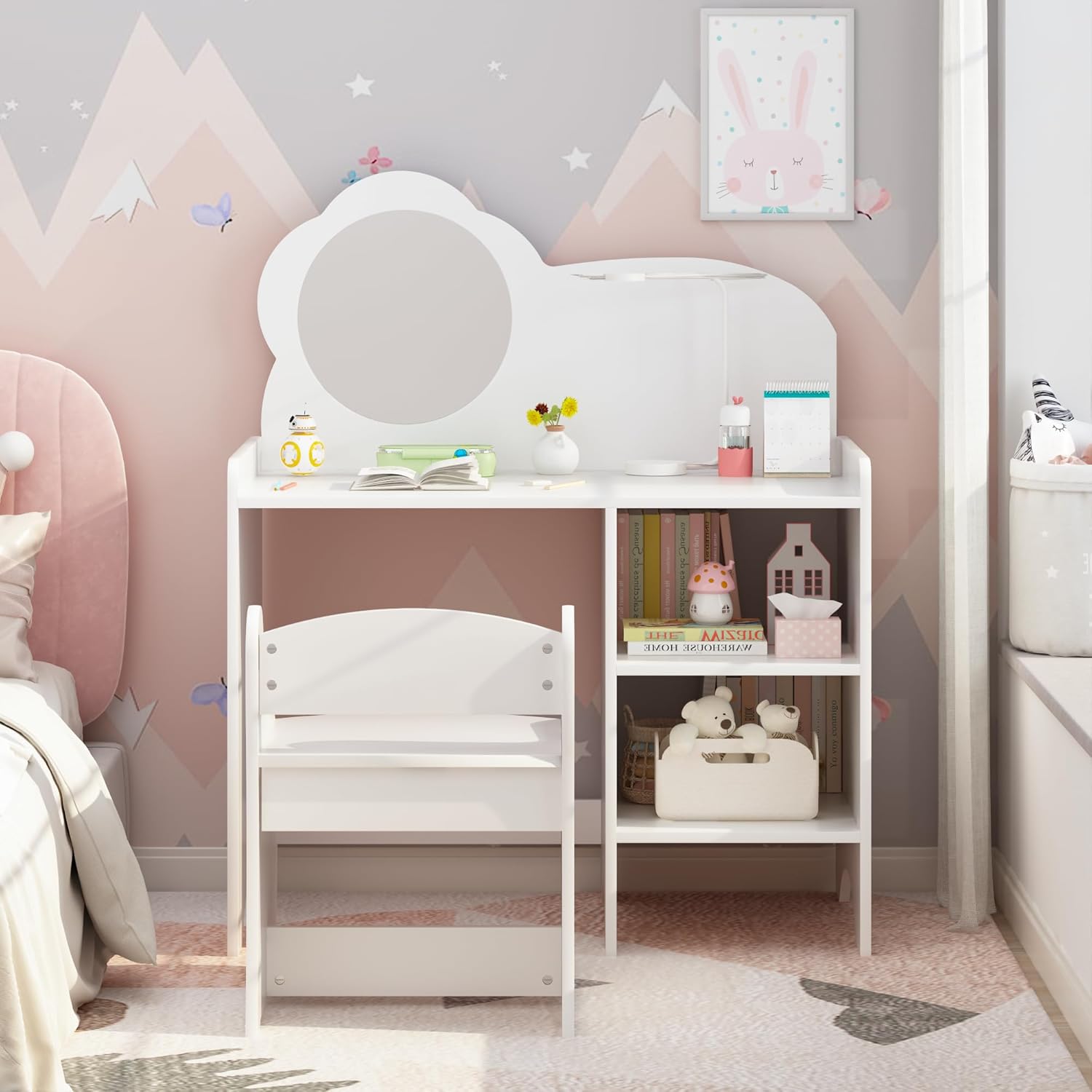 Kids Vanity Table with Mirror and Chair, Wooden Children's Dressing Makeup Desk with Storage Shelves, Study and Activity Table for Girls and Boys, Playroom Bedroom Furniture, White