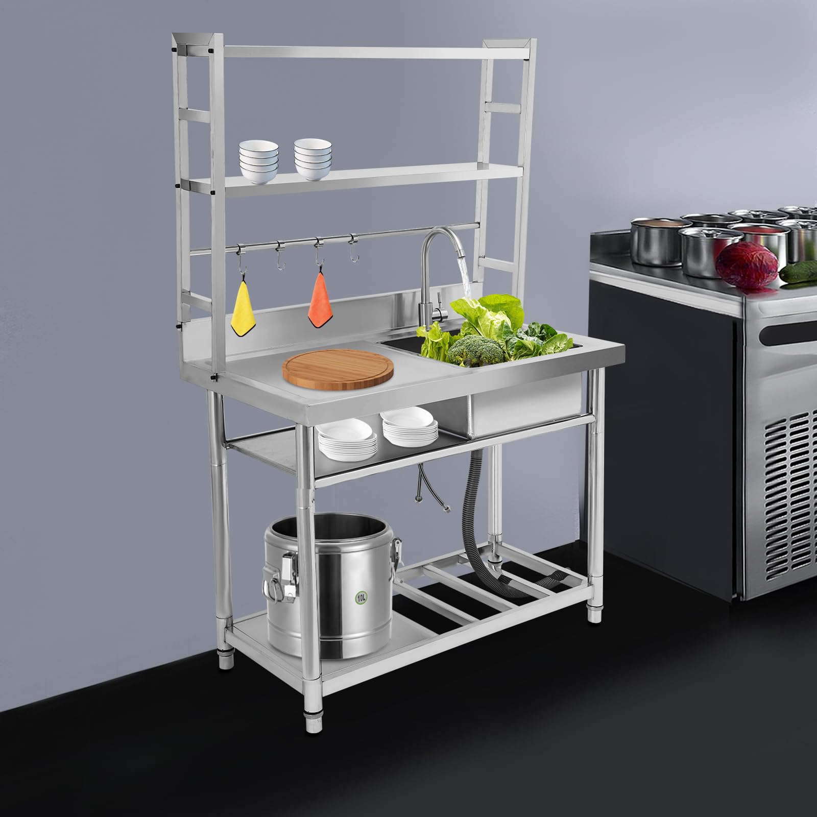 Lavandino da ristorante con ripiano a più livelli, multifunzione, in acciaio inox, commerciale, in acciaio inox, per la cucina e la gastronomia