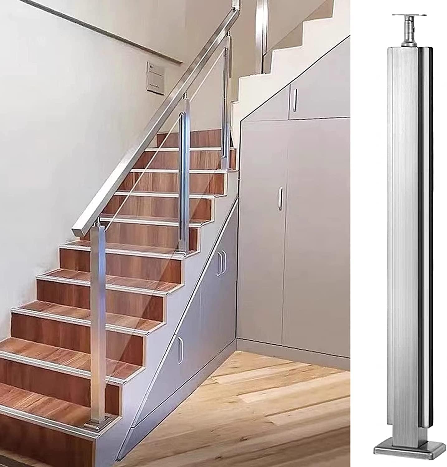 Stainless Steel Stair Railing Kit with Glass Panels - Modern Indoor Vertical Fence Posts, Deck & Floor Mid Post, Height 105cm/41.3in for Stylish Home Decor