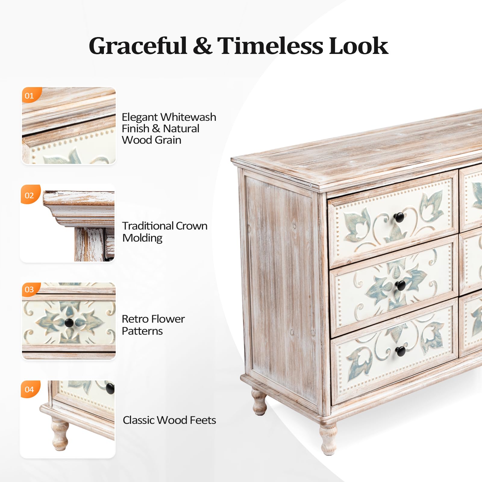 Amazon.com: VINGLI 6 Drawer Dresser, Boho Dresser with Carved Flower  Pattern Drawers & Solid Wood Leg, Washed White Dresser Chest of Drawers :  Home & Kitchen