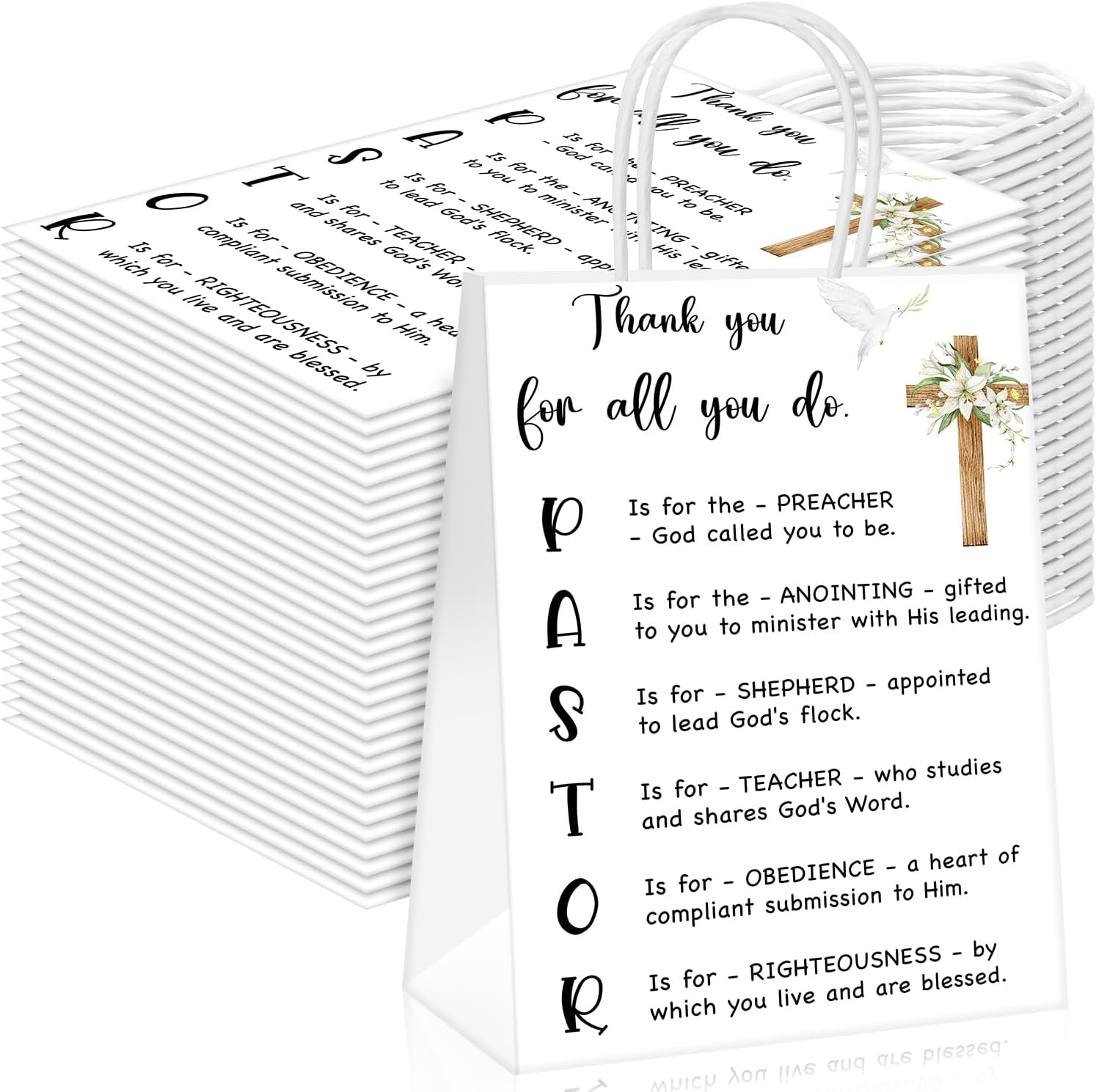 Tenceur 24 Pcs Pastor Appreciation Gifts Bags Christian Thank You Gifts for Men Women Pastor Minister Clergy Church Staff Ministry Appreciation Bag for Birthday Father's Day (8.3 x 6 x 3 Inch, White)