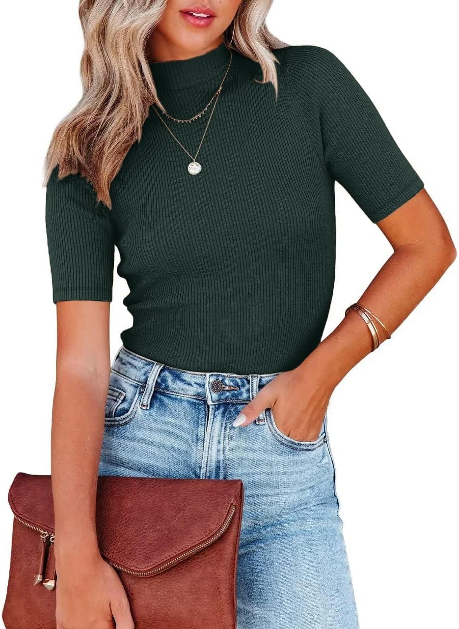 Women Tops Dressy Casual Mock Turtleneck Short Sleeve Ribbed Business Work Shirts Blouses