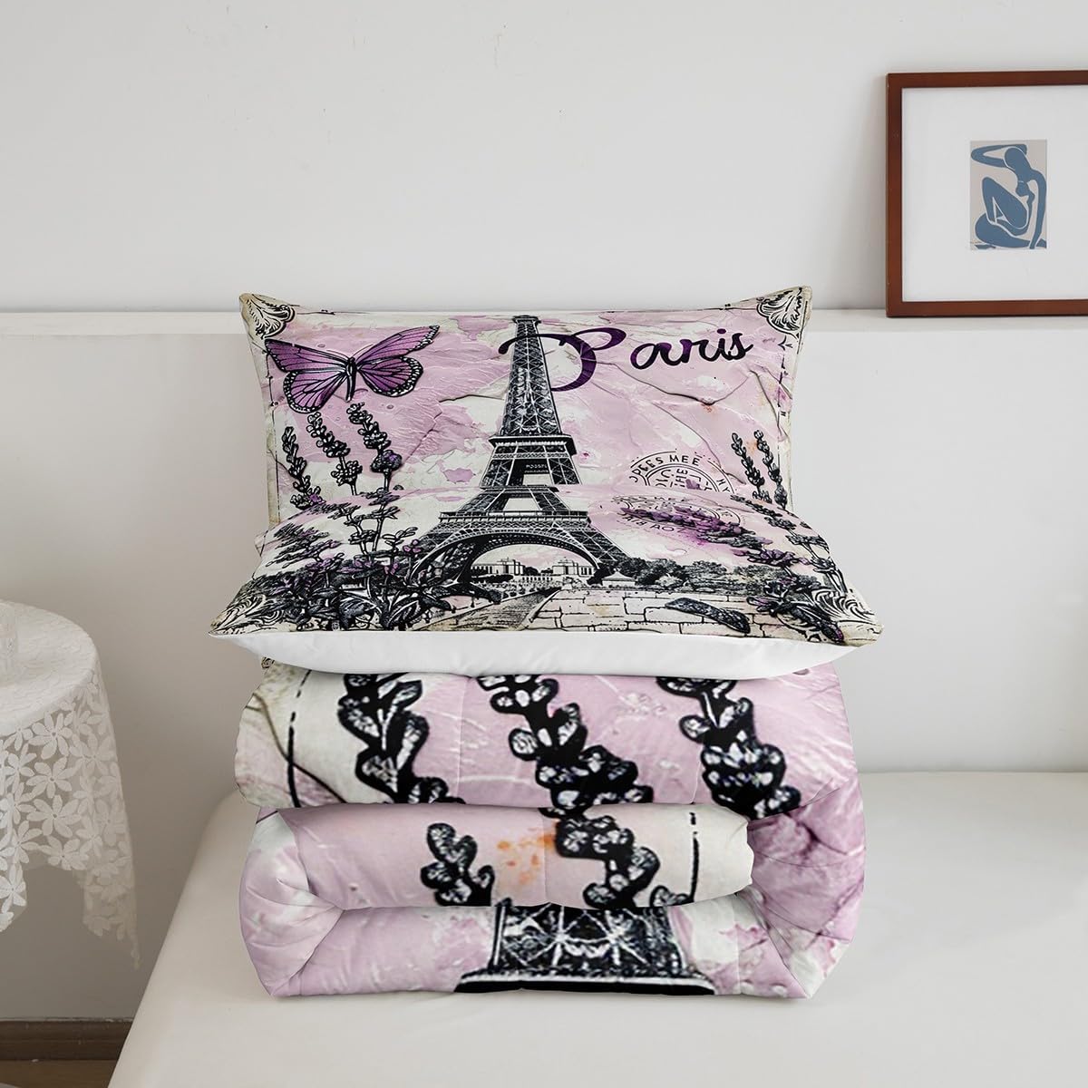 Purple Paris Eiffel Tower Comforter Set Twin Size,Butterfly Lavender Bedding Set for Kids Boys Girls Room Decor,Floral Modern Luxury Quilt Set,Romantic French Style Duvet Insert 2Pcs,1 Pillowcase