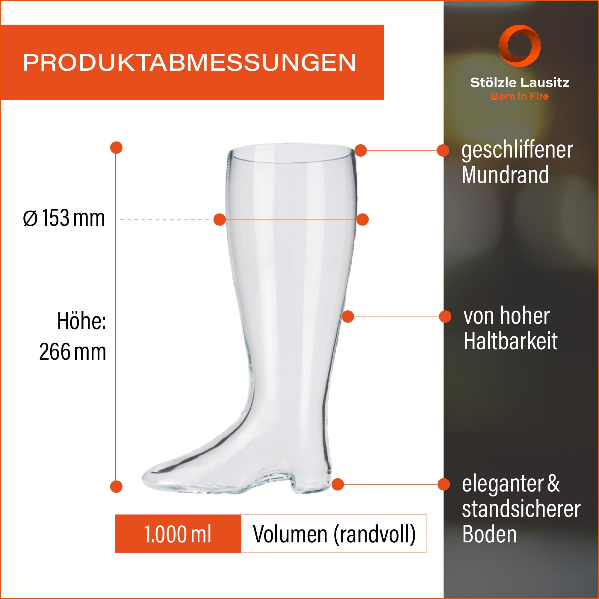 Oberglas Bierstiefel mundgeblasen 1 l | Mundgeblasene Bierstiefel und Stiefelgläser mit 1 Liter Volumen, originell als Bierglas und Geschenkidee