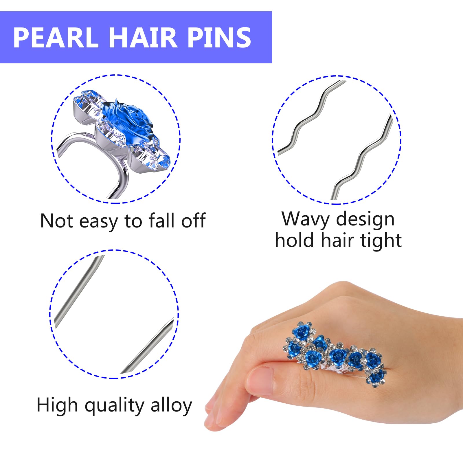 UHOMENY 25pcs Bridal Wedding Hair Pins with Crystal Rose Flower Crystal Diamante Rose Flower Rhinestone Hair Pins Clips for Bridal Wedding Women Hair Accessories (Blue) - Image 3