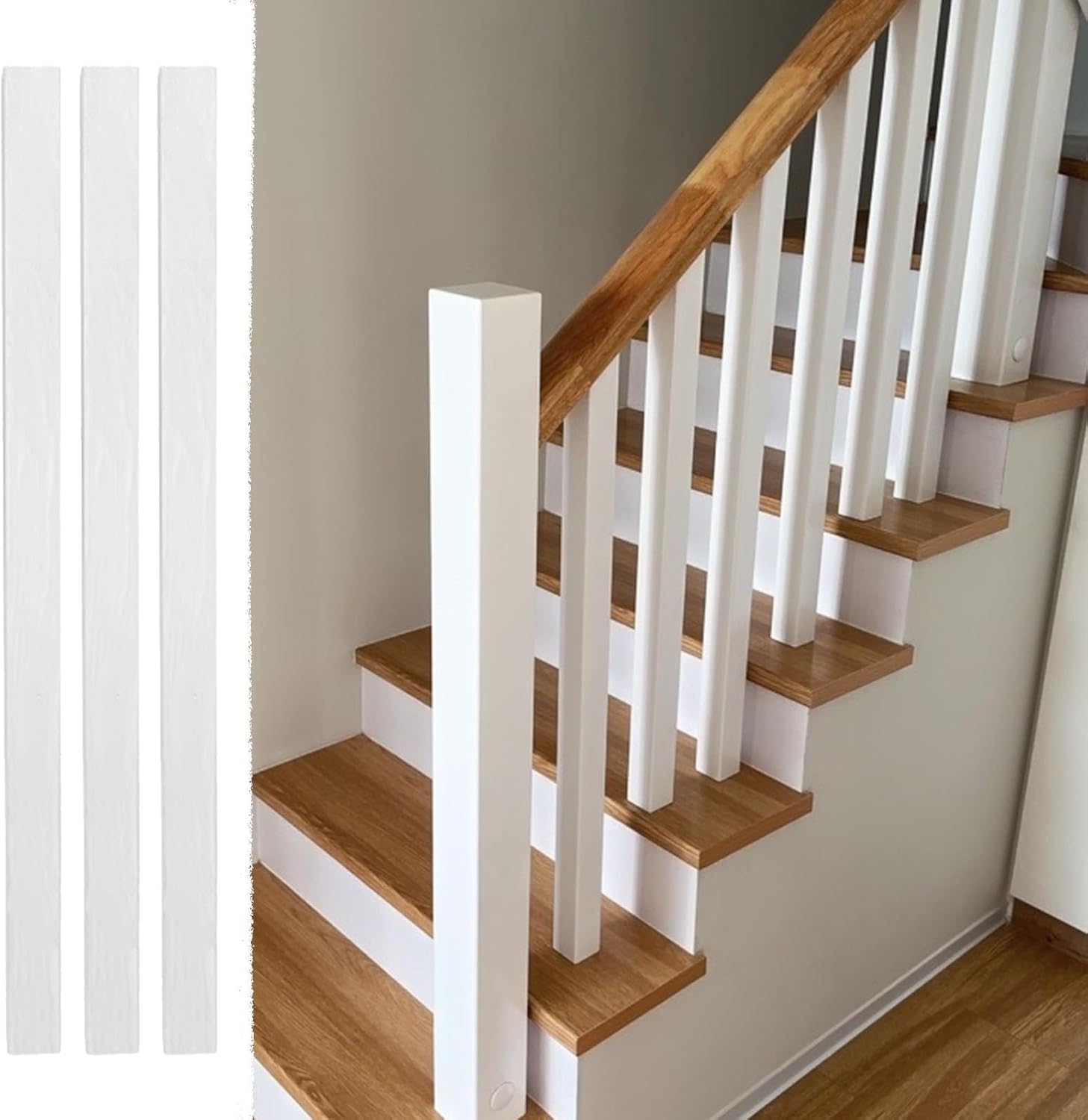 Wooden Square Balusters for Staircase Indoor, 2 1/8" X 2 1/8" Stair Balusters White Lacquer, 35 3/8" Interior Stair Spindles Railing Handrail(3pcs)