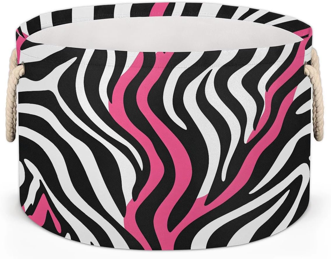 Zebra Print Pink Storage Basket Collapsible Storage Bins with Handle Organizer Clothes Laundry Hamper Kids Blanket Baby Nursery Gift Basket for Bathroom Bedroom Decor