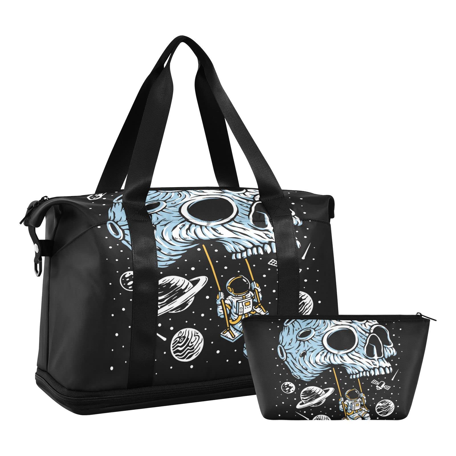 Gym Bag, Large Travel Swimming Sports Duffel Bags with Shoe Compartment Wet Pocket Women Men, Playing Swing on Skull Planet Tote Gym Bag with Strap Handle Trolley Sleeve Makeup Bags