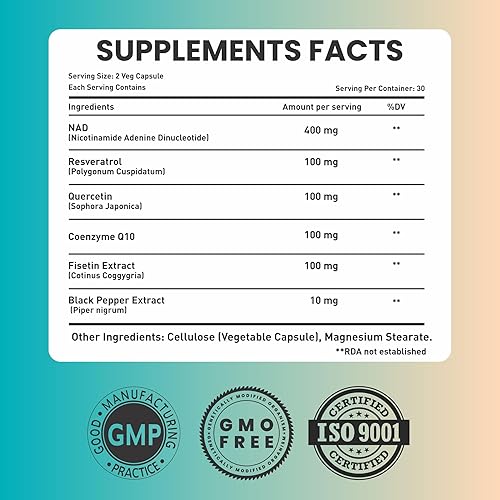 Miniatura 2 de Suplemento NAD+ de 810 mg con nicotinamida adenina dinucleótido, resveratrol, quercetina, coenzima Q10, fisetina y pimienta negra - Envejecimiento