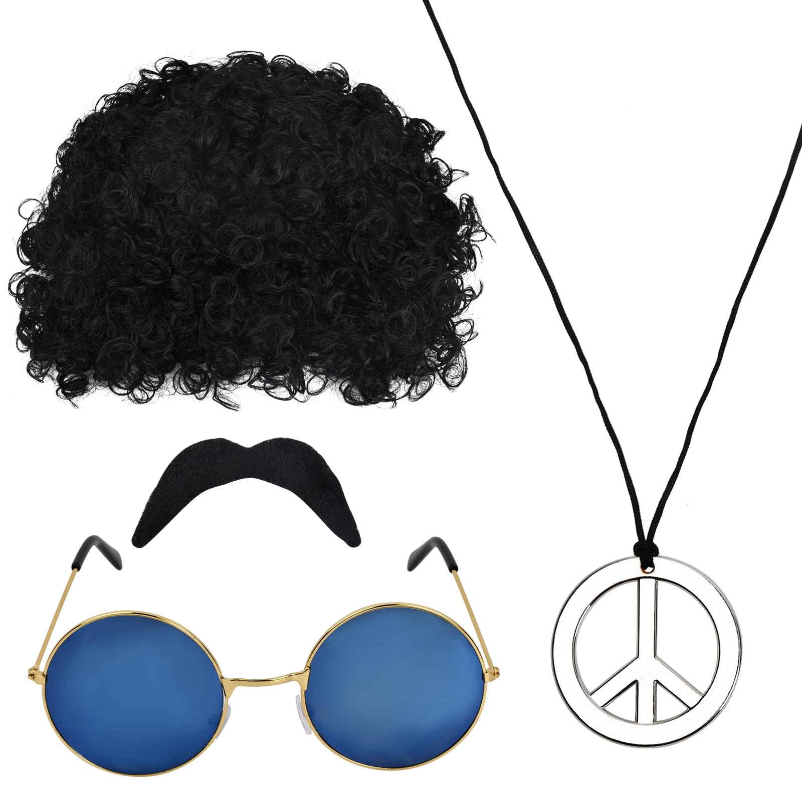 Kemay 70s Fancy Dress Mens Afro Wig Set Hippie Accessories with Disco Glasses