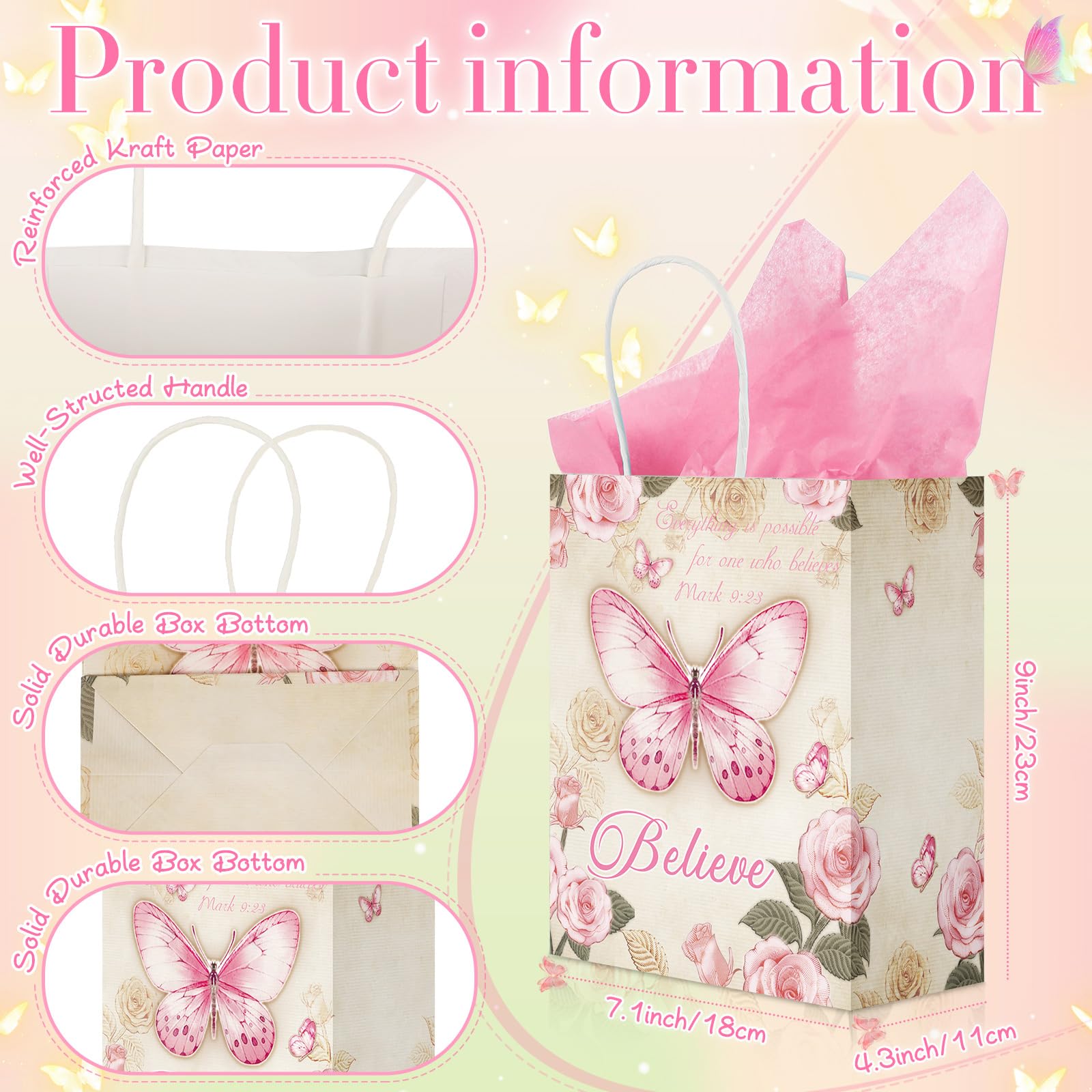 Qeeenar 36 zestawów papierowych torebek prezentowych, motyle, impreza, upominek z bibuły, religijne torebki na prezenty, motyle, chrześcijańskie torby na gadżety z uchwytami, dla dziewcząt, kobiet, na