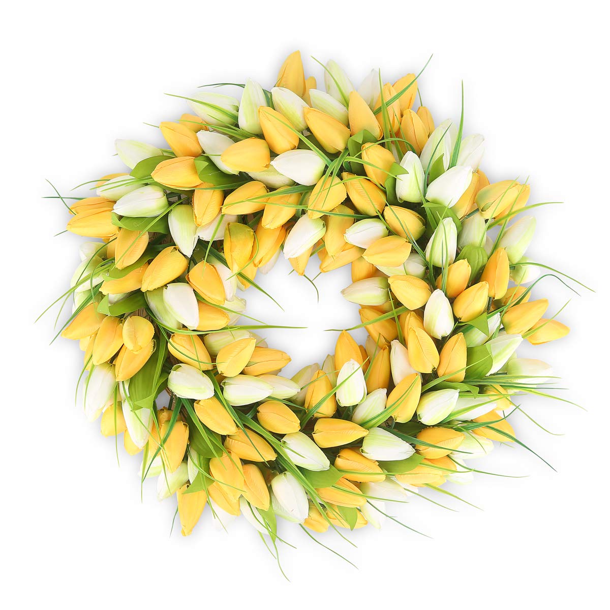 Photo 1 of *GENTLY USED* HANTAJANSS Artificial Tulip Flower Wreaths for Front Door 20 Inches, Silk Fake Flower, Yellow With White