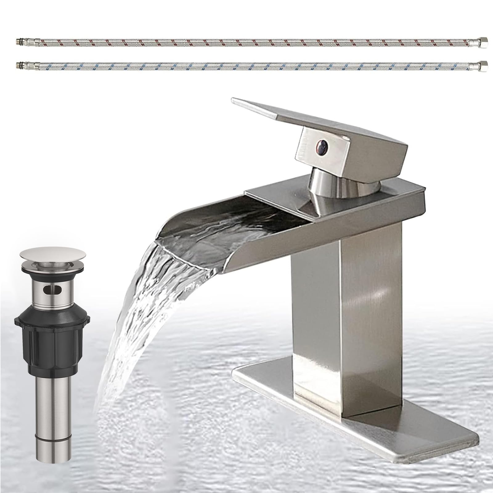 Homevacious Brushed Nickel Bathroom Faucet Waterfall Bathroom Vanity Sink Faucet Single Handle with Pop Up Drain and Deck Plate Modern Single Hole Lavatory Basin Commercial Faucets Mixer Tap