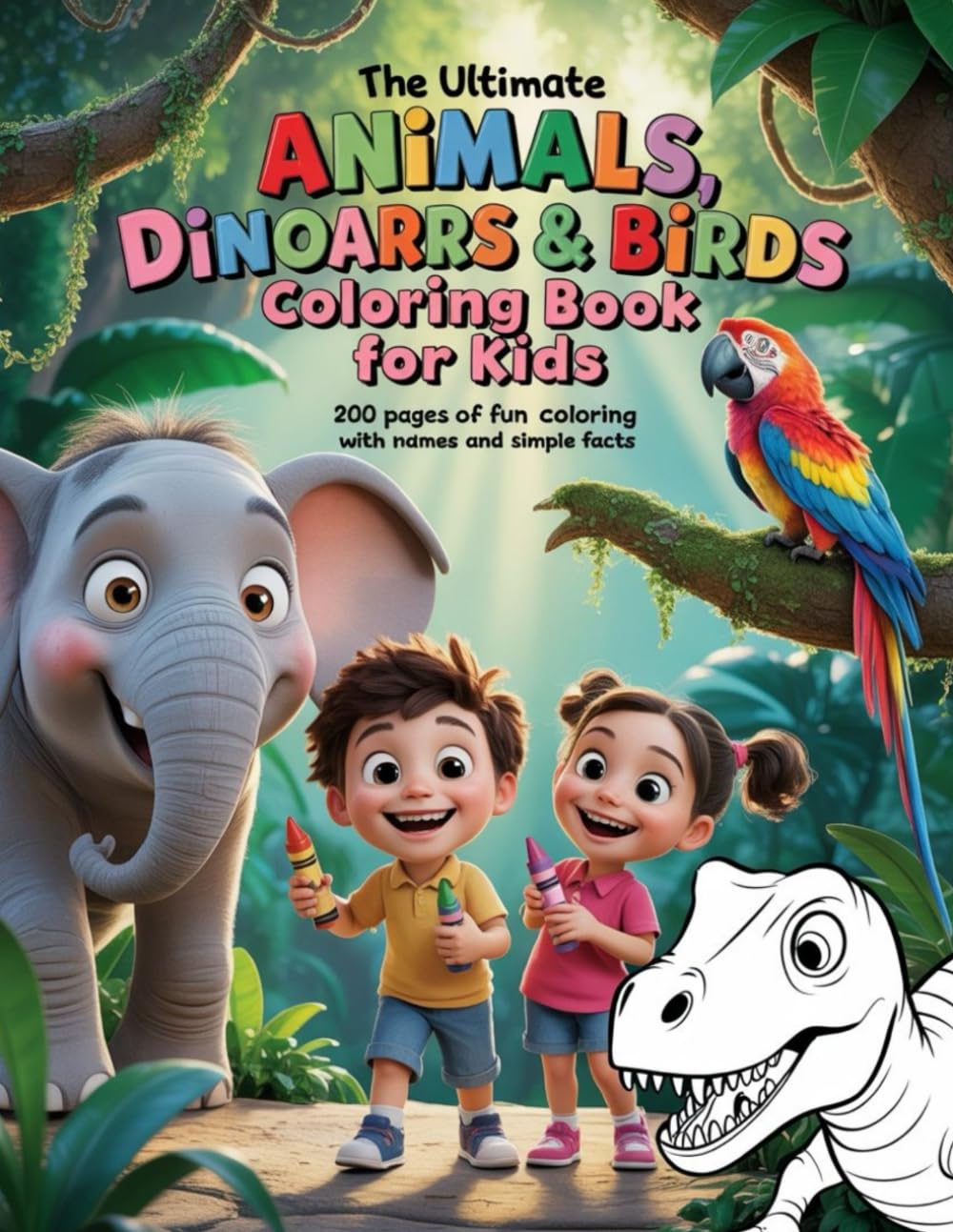 The Ultimate Animals, Dinosaurs & Birds Coloring Book for Kids: 200 Pages of Fun Coloring with Names and Simple Facts About Animals, Dinosaurs & Birds