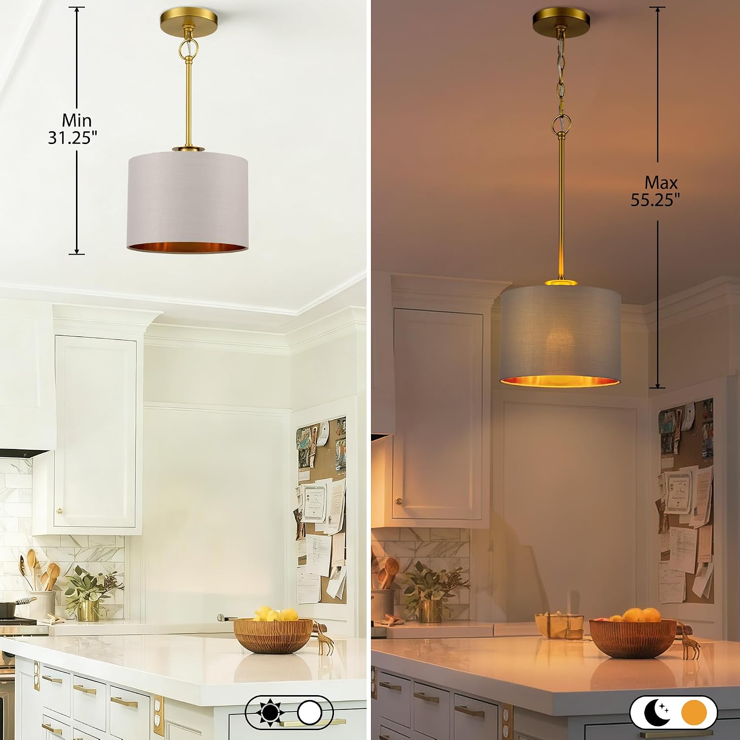 9.8 Inch Small Modern Pendant Lights Kitchen Island, 1-Light Ambient Single Pendant Lighting, Gold and Greige Fabric Drum Hanging Light Fixtures for Dining Room Over Table Sink Breakfast Nook