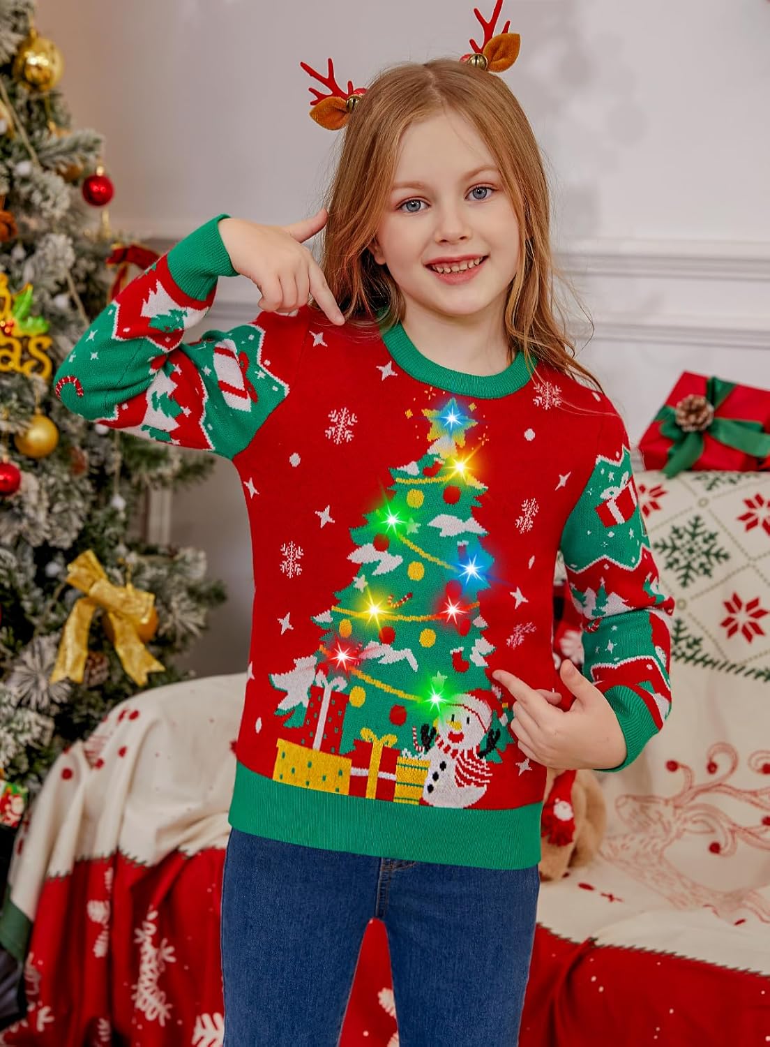 Kids Ugly Christmas Sweater Girls Boys LED Light Up Christmas Sweaters Funny Xmas Knitted Pullover for 5-14Y