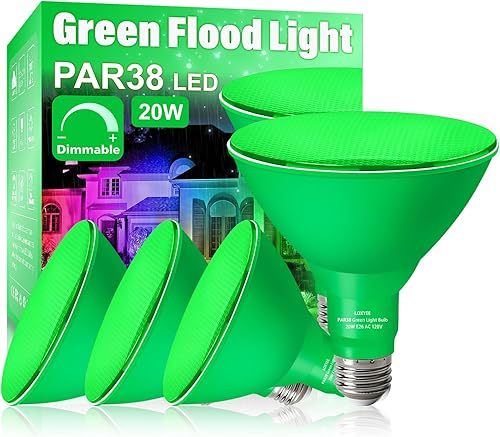 Miniatura 1 de PAR38 - Bombilla verde de inundación, paquete de 4 unidades, regulable, luz de inundación verde de base E26 para exteriores (20 W de reemplazo a 200