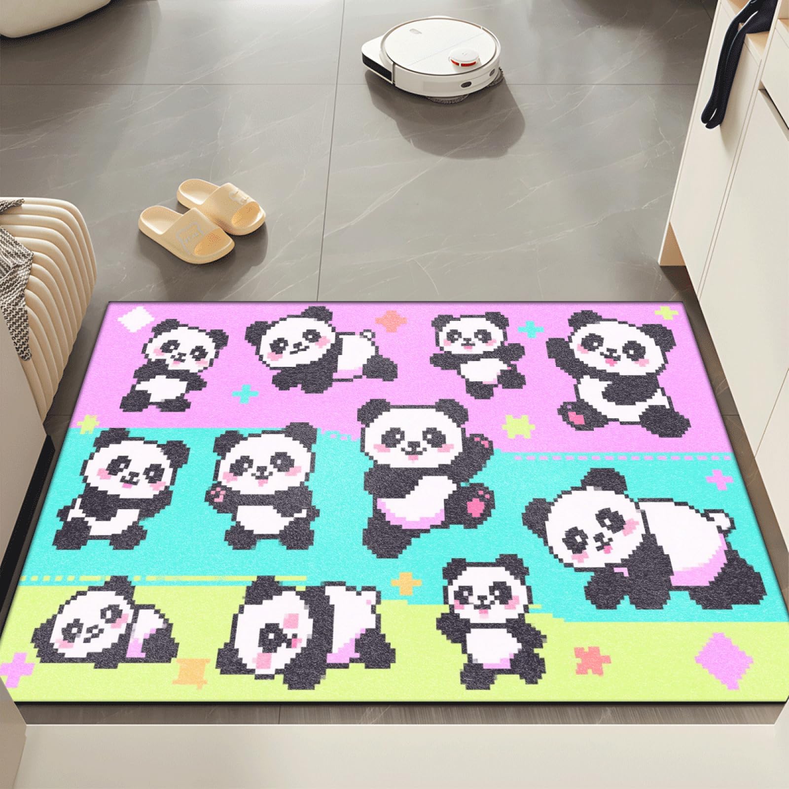 Paillasson Exterieur Entree Panda Rose Vert Tapis Entree Interieur Facile à Nettoyer Paillasson Interieur Antidérapant Lavable en Machine pour Chambre Cuisine Couloir 60x90 cm