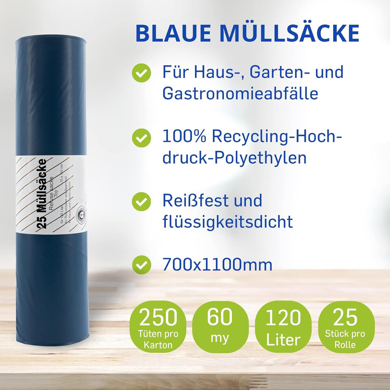 Hossi's Wholesale Worki na śmieci, 120 l, bardzo mocne, 60 my, 125 sztuk, 5 rolek worków na śmieci, odporne na rozerwanie, niebieskie, 700 x 1100 mm, LDPE, stabilne worki na śmieci, do gospodarstwa