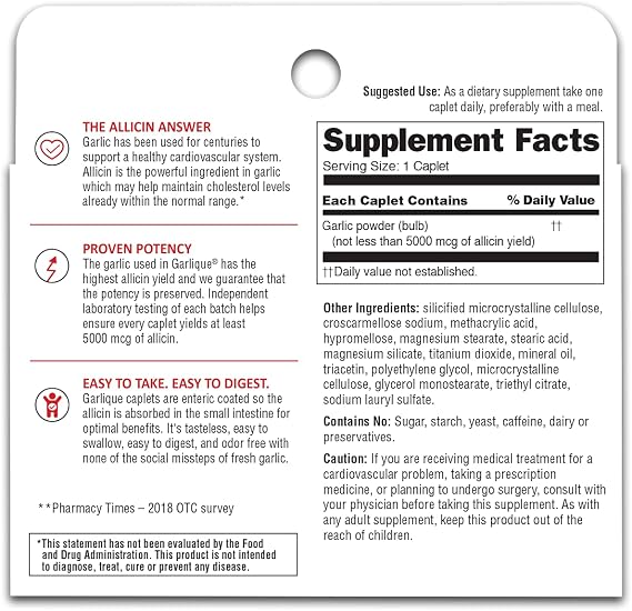 Garlique Healthy Cholesterol Formula with 5000 mcg of Allicin, 60 Enteric Coated Caplets (Pack of 5)