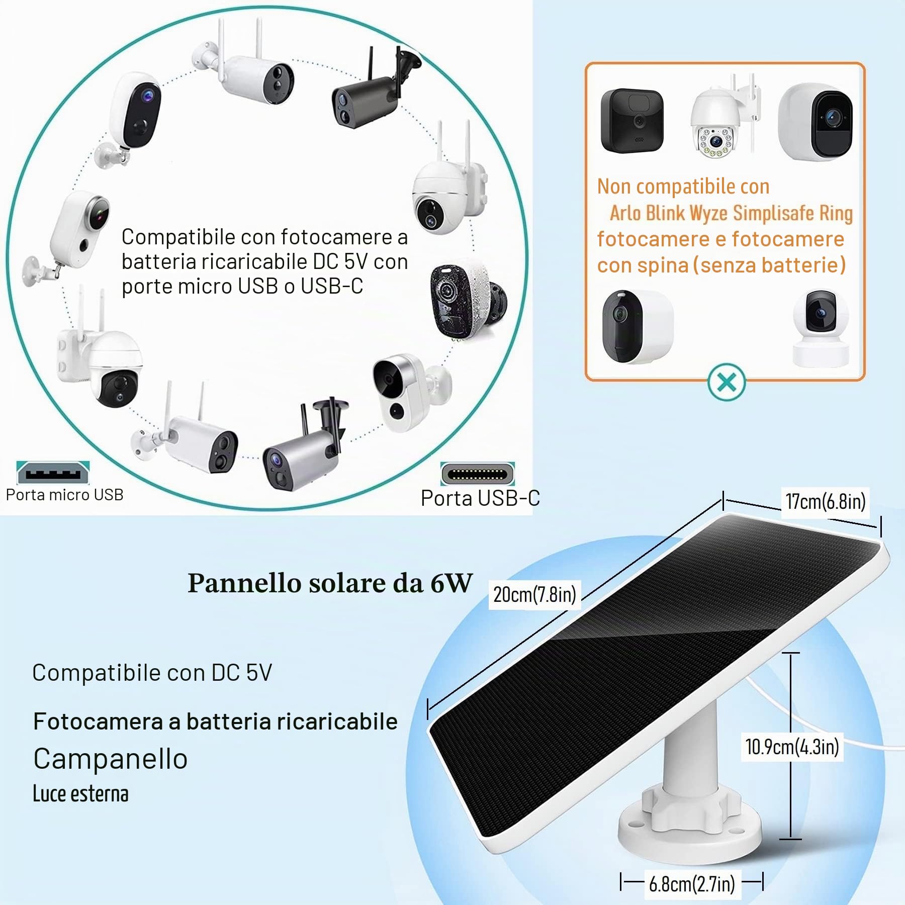 Pannello Solare da 6W per Telecamera di Sorveglianza,Pannello Solare USB per Telecamera di Sicurezza DC 5V a Batteria Ricaricabile,Campanello e Illuminazione Esterna cavo IP65 da 3m,Staffa Regolabile