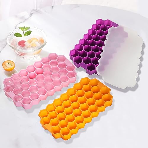 Miniatura 1 de Muzhi khsm Bandejas de hielo para congelador paquete de 3 bandejas de hielo de silicona para cubitos de hielo con tapa apilables de fácil liberación