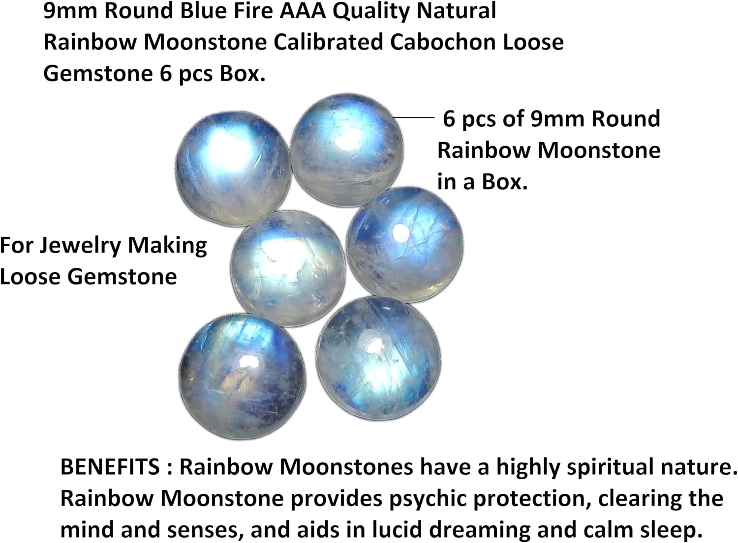 Natural Rainbow Moonstone 9mm round blue fire AAA quality calibrated cabochon loose gemstonefor jewelry making 6 pcs Box.