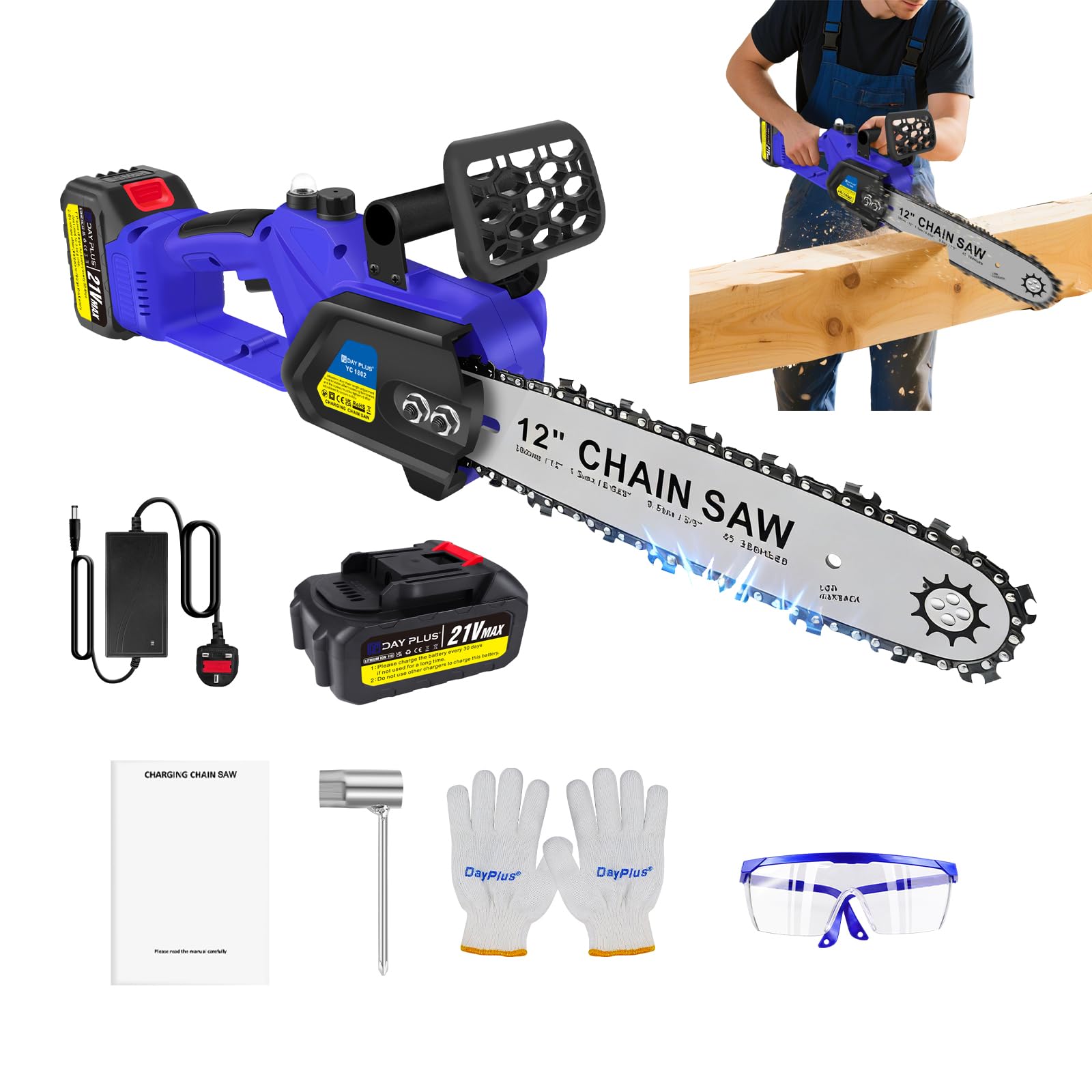 12 Inch Cordless Chainsaw with 2 Batteries & Charger, Brushless Motor for Powerful Cutting, 27cm Bar & Safety Lock Switch - Ideal for Garden Wood Cutting, Tree Pruning, Firewood & DIY Projects
