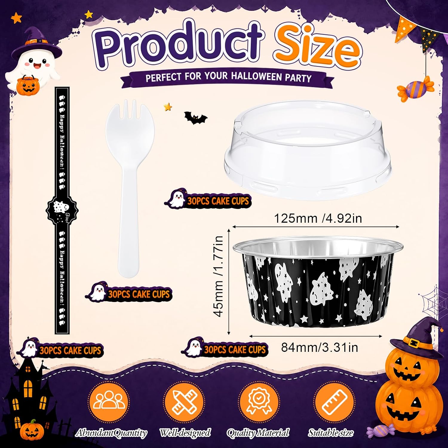 Willinglong 30 Pcs Halloween Foil Loaf Pans 5oz with Lids Spoons Spooky